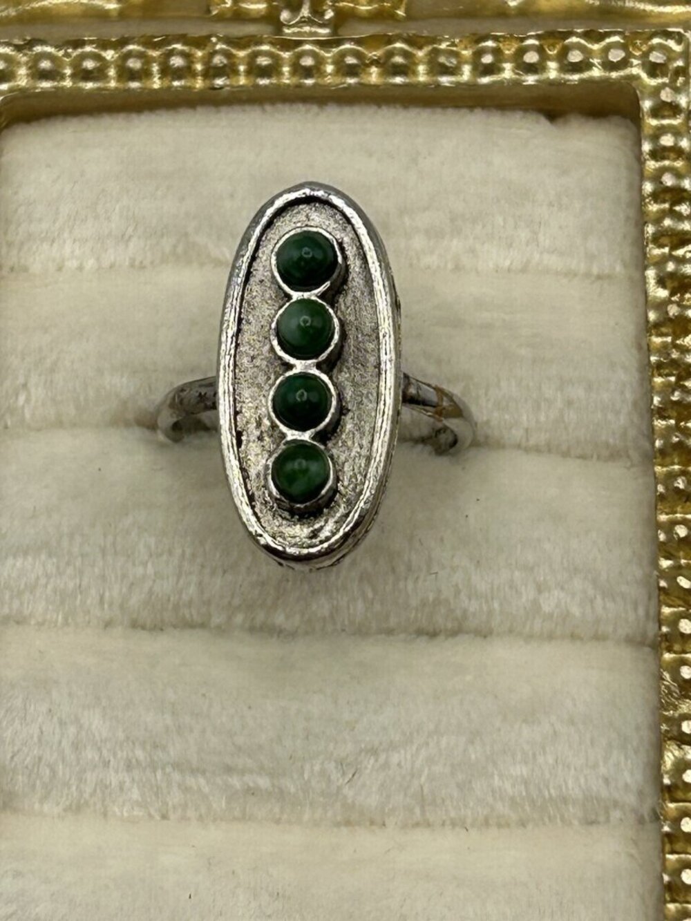 Vintage Silver Tone Green Cabochon Adjustable Ring Size 6 Costume Jewelry Gift - Picture 1 of 11